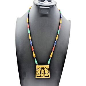 Vintage MMA 1976 Egyptian Scarab Falcon Gold Tone Pectoral Stone Bead Necklace